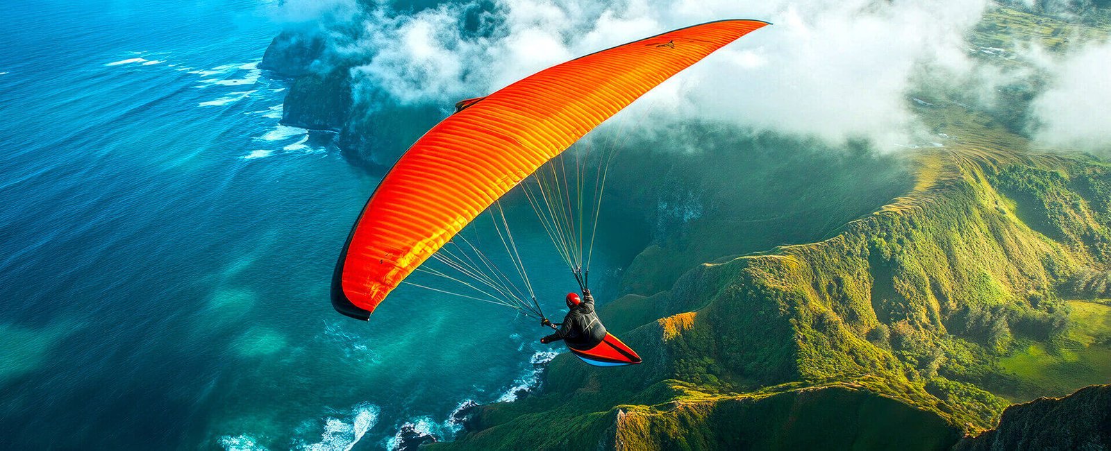 Paragliding over a tropical coastline